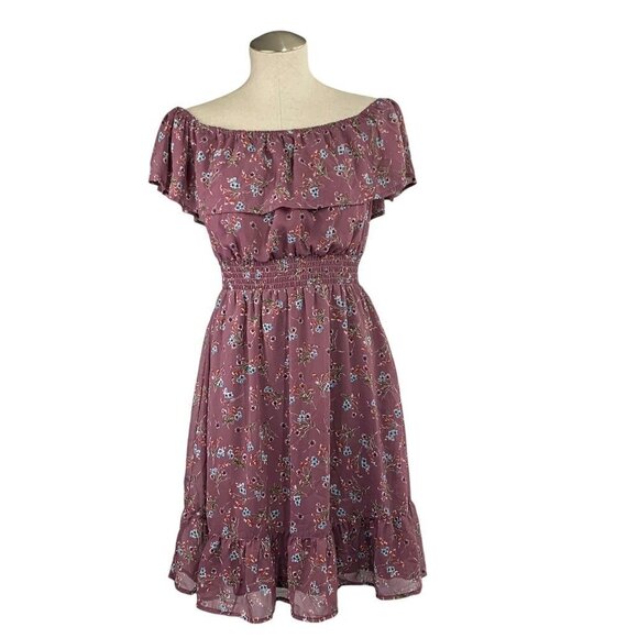 Peacocks Floral Smocked Ruffle Sleeve Midi Dress - Mauve, Size UK:12/US:8 - Picture 1 of 9